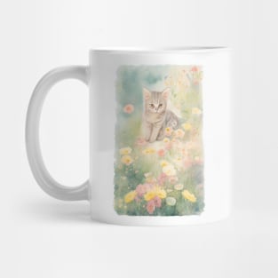 Striped cat in flower garden Aquarelle Mug